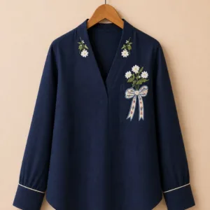 Moonlit Meadow Navy Blue Linen Shirt