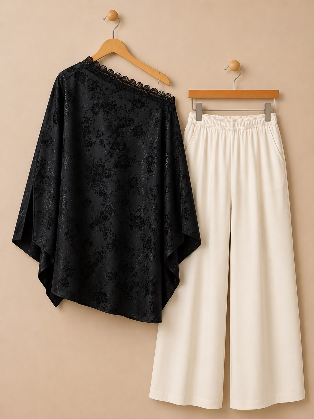 Women Black & Cream Midnight Noir Off-Shoulder Cape Co-Ord Set