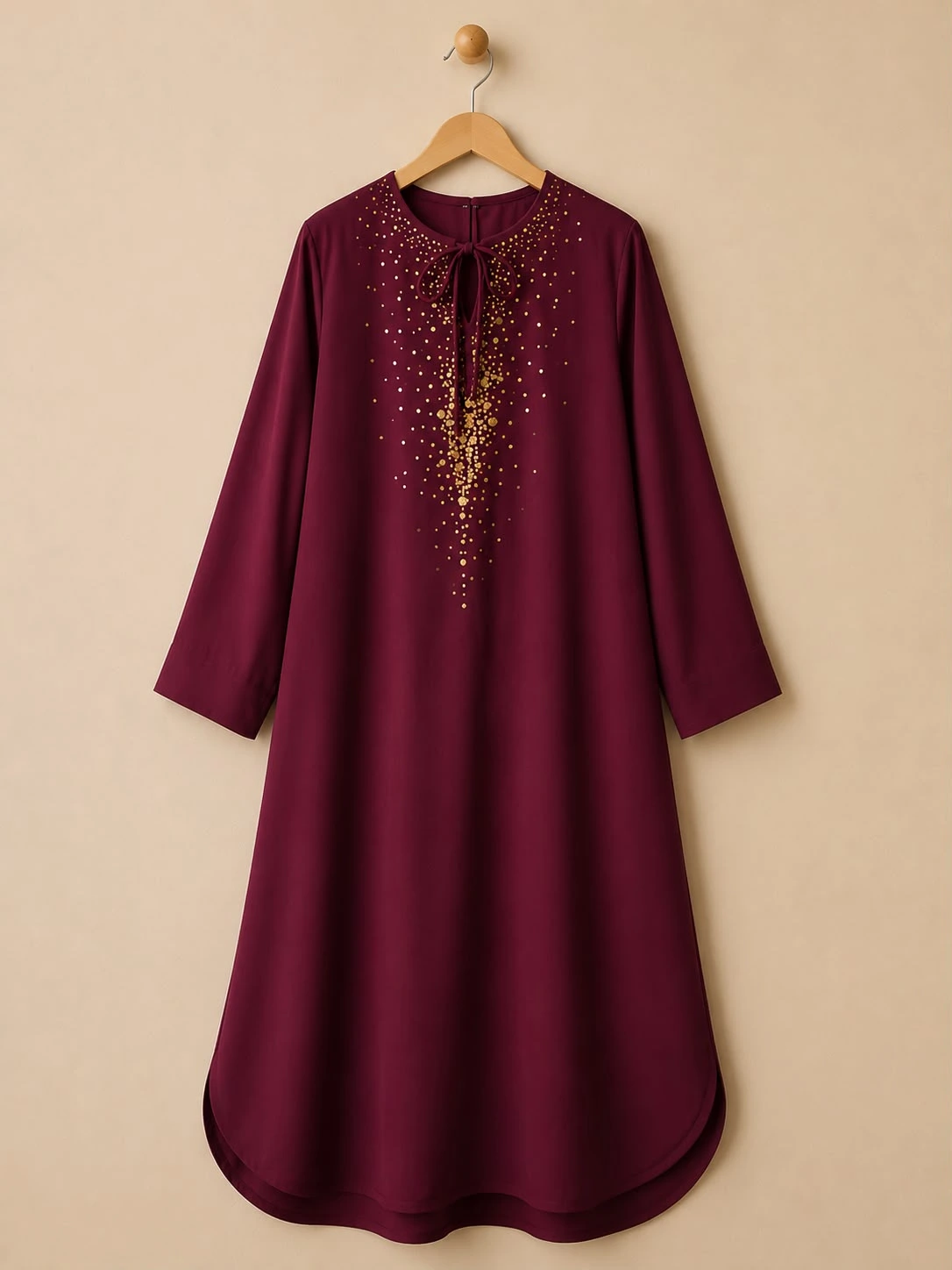Women Wine Elegance Embellished Korean Crape Shirt Dress