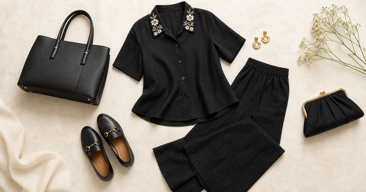 Black linen co-ord set styled for office and evening wear