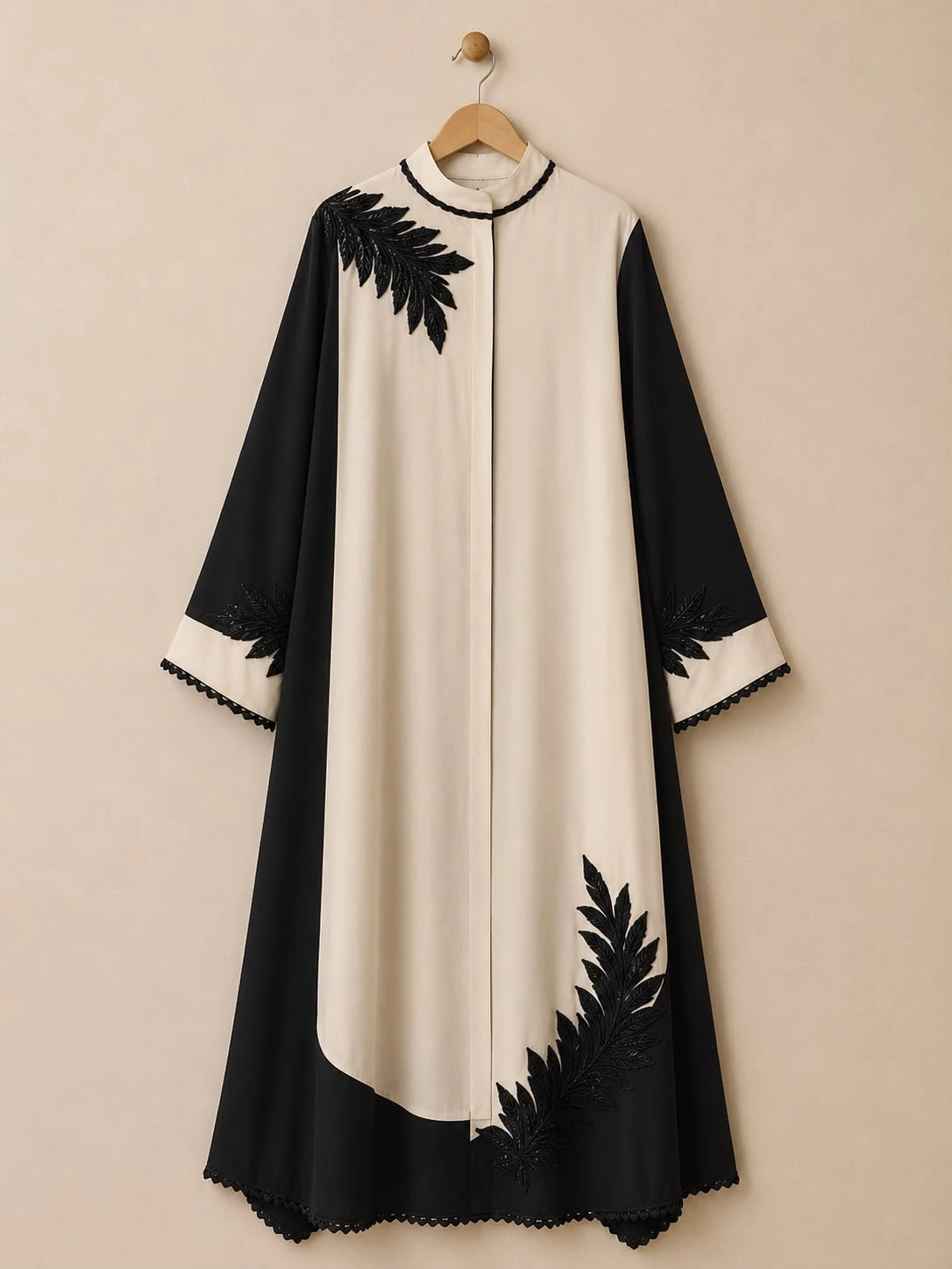 Women Beige & Black Leaf Embroidered Crape Shirt Dress