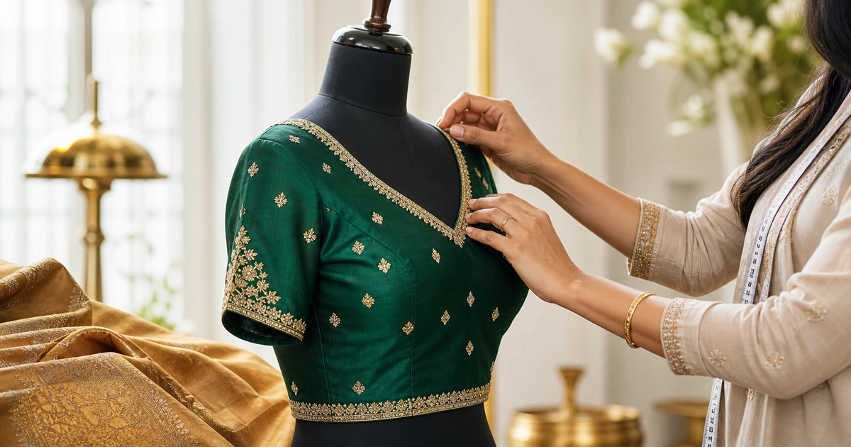 Tailor fitting an emerald blouse neckline on a dress form