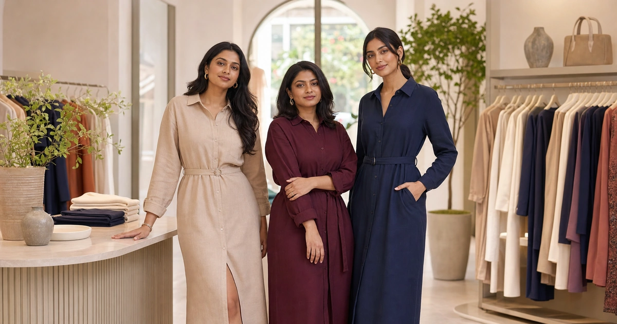 Three women wearing beige, wine and navy shirt dresses