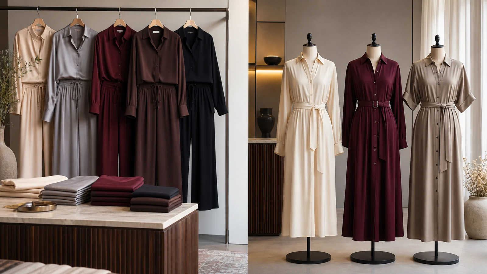 Boutique display comparing women co-ord sets and shirt dresses