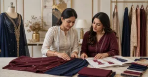 Women discussing custom suit fabrics at a Ludhiana boutique