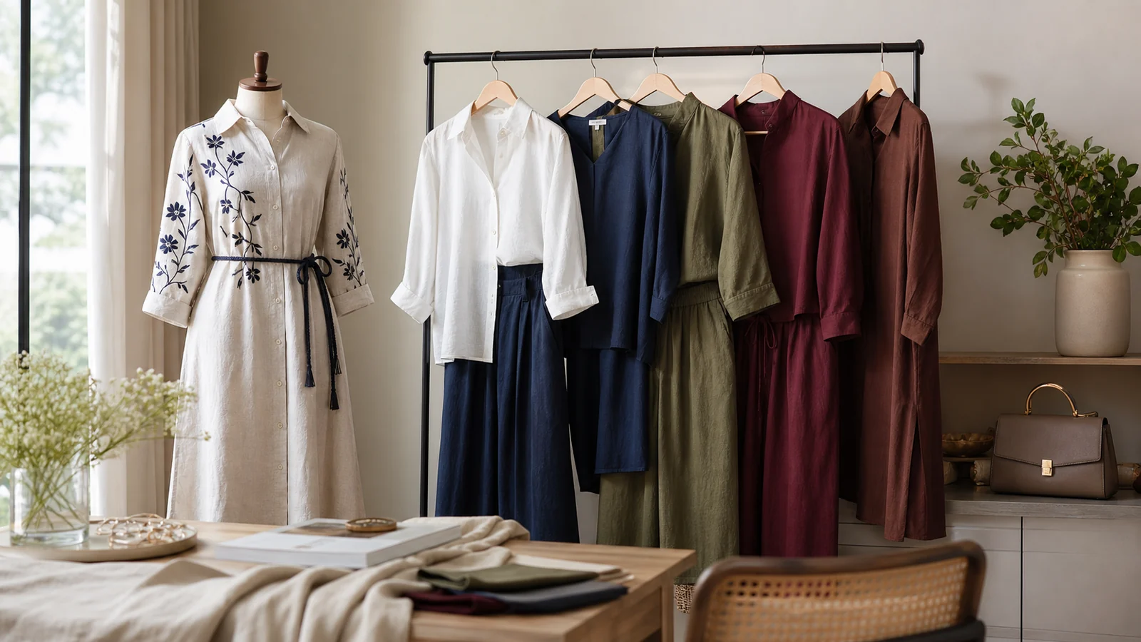 Comfortable designer workwear display with linen shirts co-ords and embroidered dress