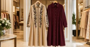 Beige and wine embroidered shirt dresses displayed in a boutique