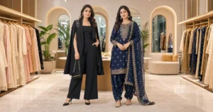 Black festive co-ord set beside a navy traditional Punjabi suit