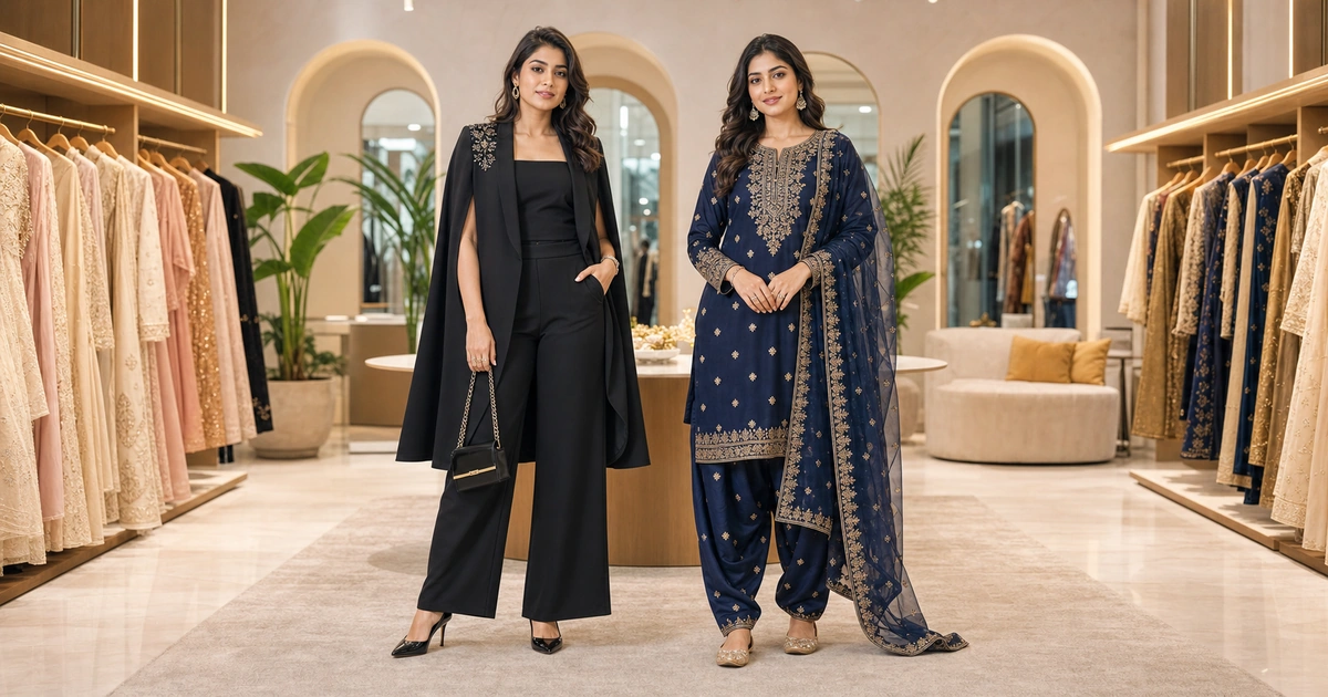 Black festive co-ord set beside a navy traditional Punjabi suit