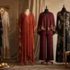 Editorial festive women outfit display with kaftan co-ord and shirt dress inspired pieces