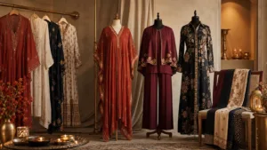 Editorial festive women outfit display with kaftan co-ord and shirt dress inspired pieces