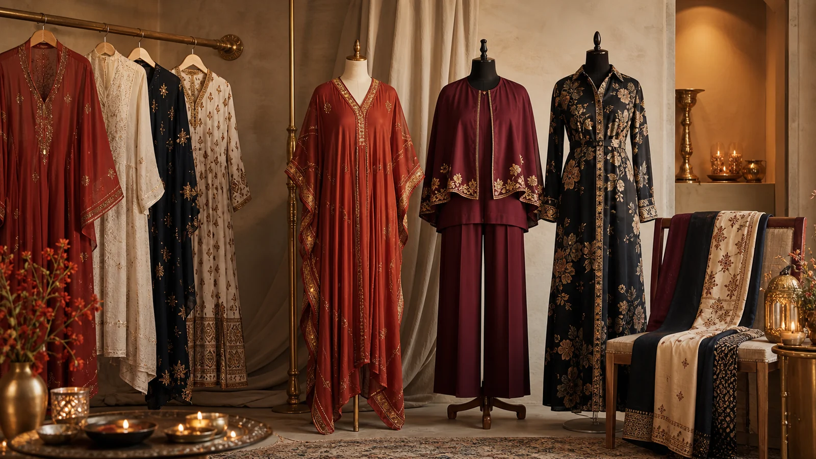 Editorial festive women outfit display with kaftan co-ord and shirt dress inspired pieces