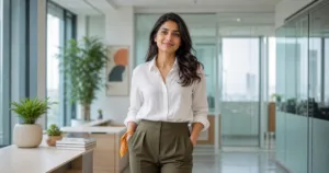 Woman styling a white linen shirt and olive trousers for work