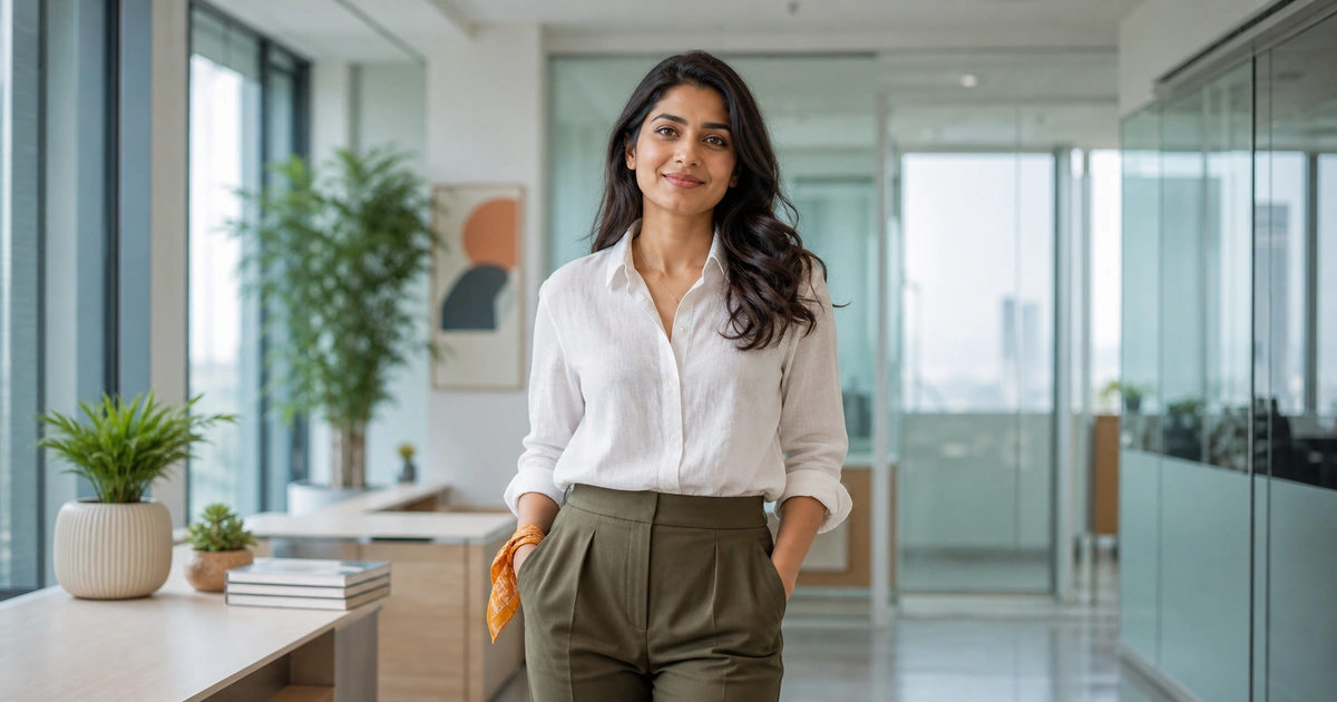 Woman styling a white linen shirt and olive trousers for work