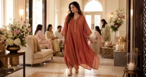 Woman wearing a rust kaftan at a festive family gathering