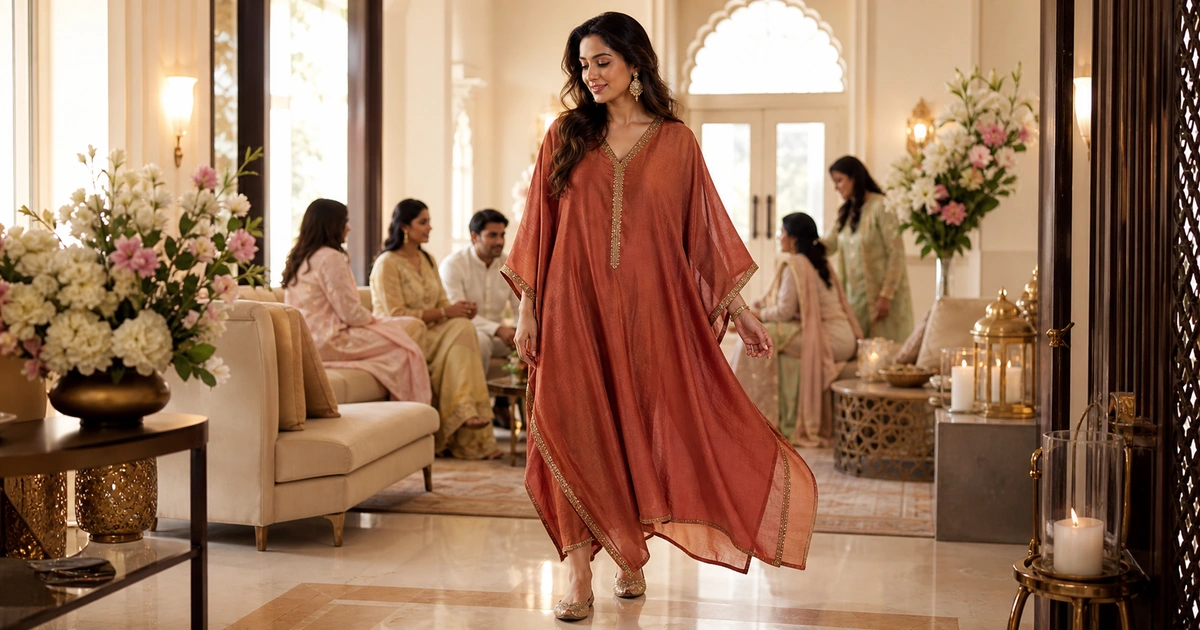 Woman wearing a rust kaftan at a festive family gathering
