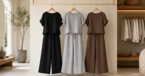 Black, silver grey and cocoa brown linen co-ord sets in a boutique