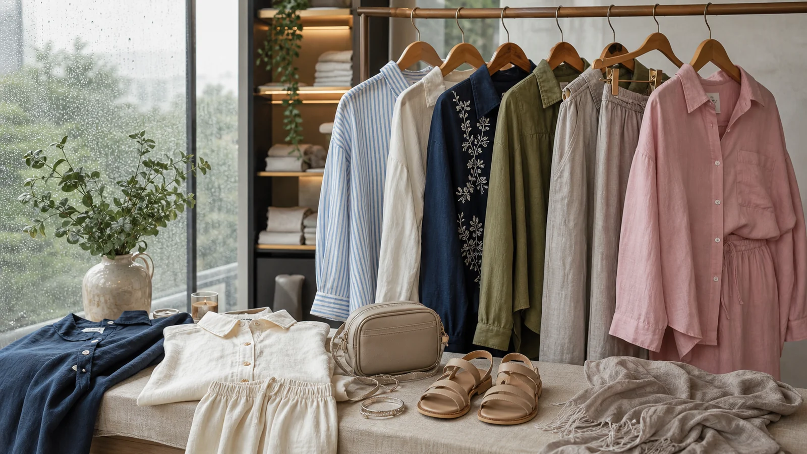 Monsoon boutique styling scene with linen shirts denim and co-ord sets