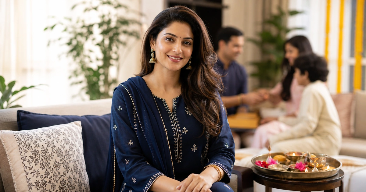 Woman in an embroidered navy suit for a Raksha Bandhan gathering