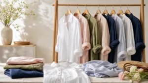 Editorial flat lay of women linen shirts in a boutique studio