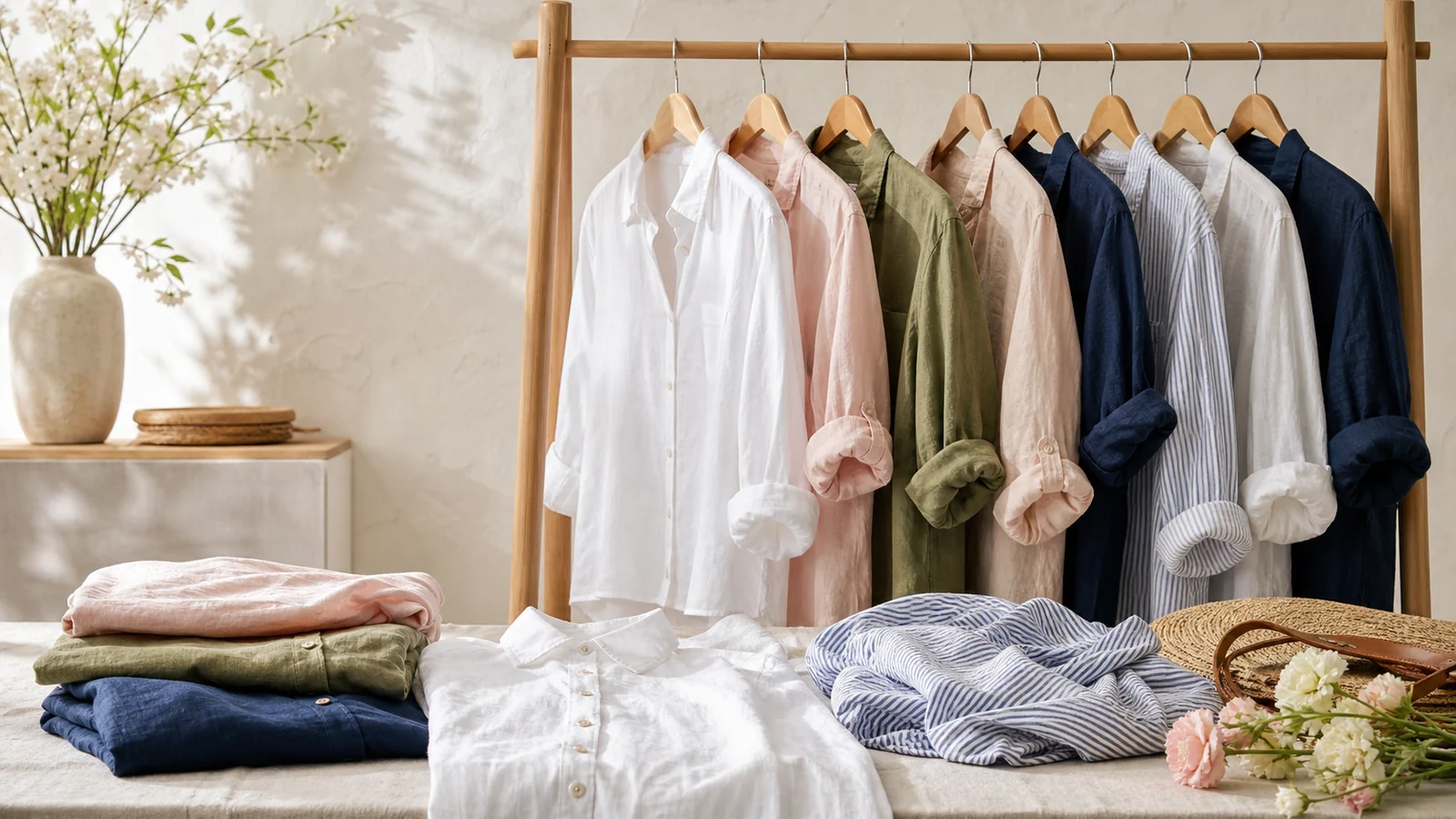 Editorial flat lay of women linen shirts in a boutique studio