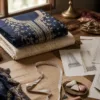 Tailoring worktable with navy suit fabric, patterns and neckline sketches