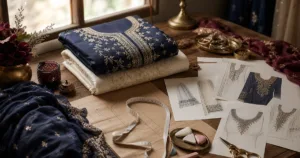 Tailoring worktable with navy suit fabric, patterns and neckline sketches