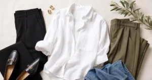 White linen shirt styled with black, olive and denim separates