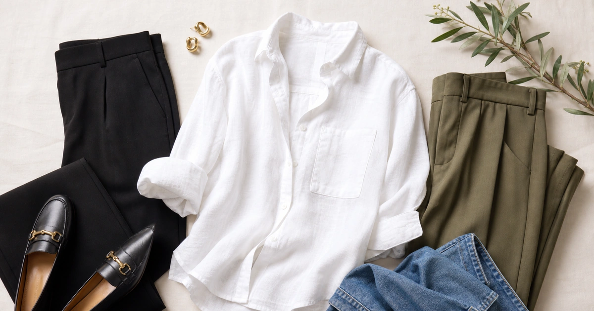 White linen shirt styled with black, olive and denim separates