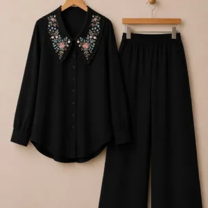 Women Black Bloom Embroidered Linen Co-Ord Set