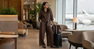 Woman wearing a cocoa travel co-ord set in an airport lounge