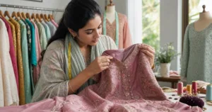 Boutique tailor inspecting seams, buttons and floral embroidery
