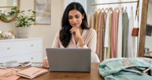 Woman checking women's clothing details while shopping online