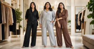 Women wearing co-ord sets with different proportions and trouser shapes