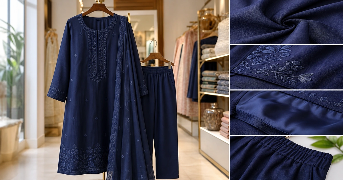 Women's cotton suits showing weave, lining and embroidery details