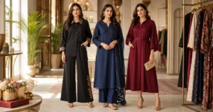 Festive outfits for women including a suit, co-ord and shirt dress