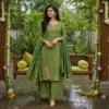 Hariyali Teej outfit ideas for women in green and rust festive clothing