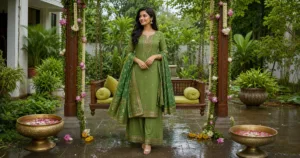Hariyali Teej outfit ideas for women in green and rust festive clothing