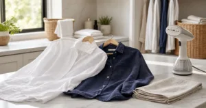 Women's linen shirt care with steamer, hanger and pressing cloth