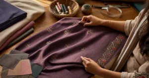 Suit fabric preparation with measuring tape, lining and tailoring tools