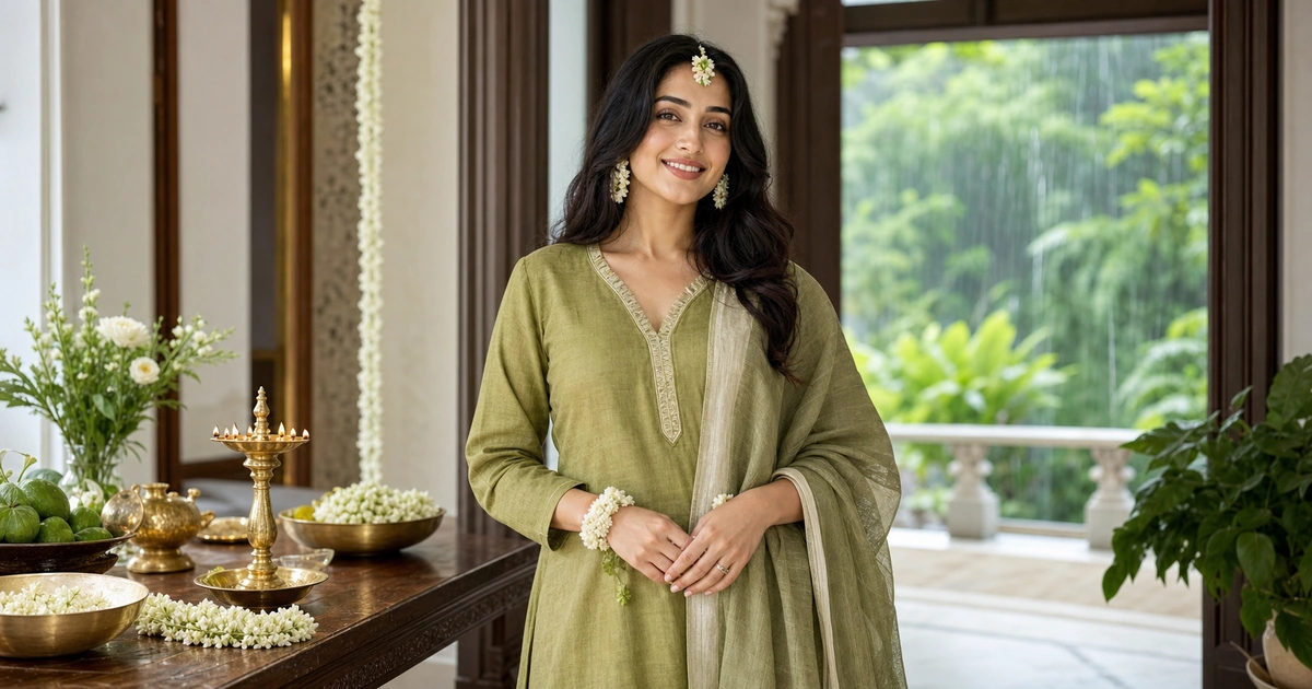 Sawan outfit ideas for women in green suits, co-ords and festive styles
