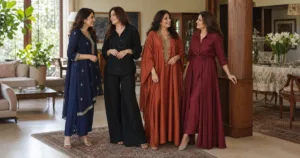 Four women in a suit, co-ord, kaftan and shirt dress at a family function