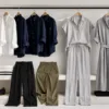 Seven-piece women's office capsule wardrobe in neutral colours