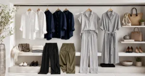 Seven-piece women's office capsule wardrobe in neutral colours