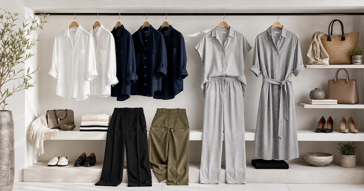 Seven-piece women's office capsule wardrobe in neutral colours