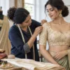 Tailor checking shoulder and neckline fit on an embroidered blouse