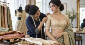 Tailor checking shoulder and neckline fit on an embroidered blouse