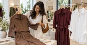 Woman examining a cocoa co-ord set while comparing boutique outfits