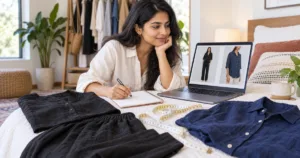 Woman comparing a black co-ord and navy shirt while shopping online