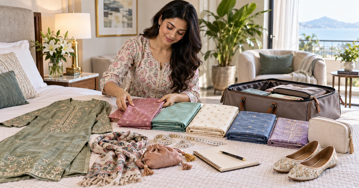 Woman preparing fabric, shoes and a garment for a boutique visit